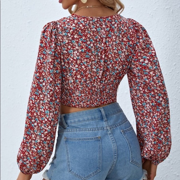 🌺 BOHO RED BLUE VNECK LONG SLEEVE CROP TOP! - Picture 2 of 6